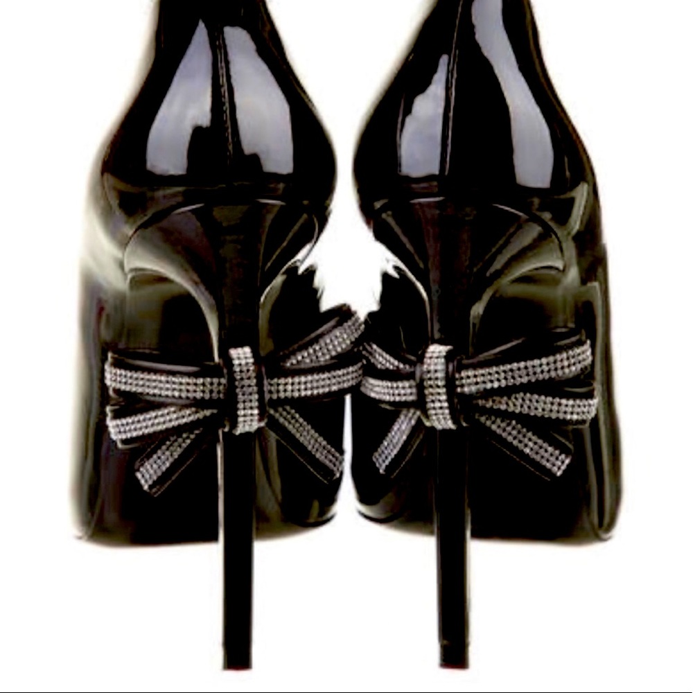 SAINT LAURENT PARIS Size 39 Bow Heel Pump-Black with Silver rhinestones